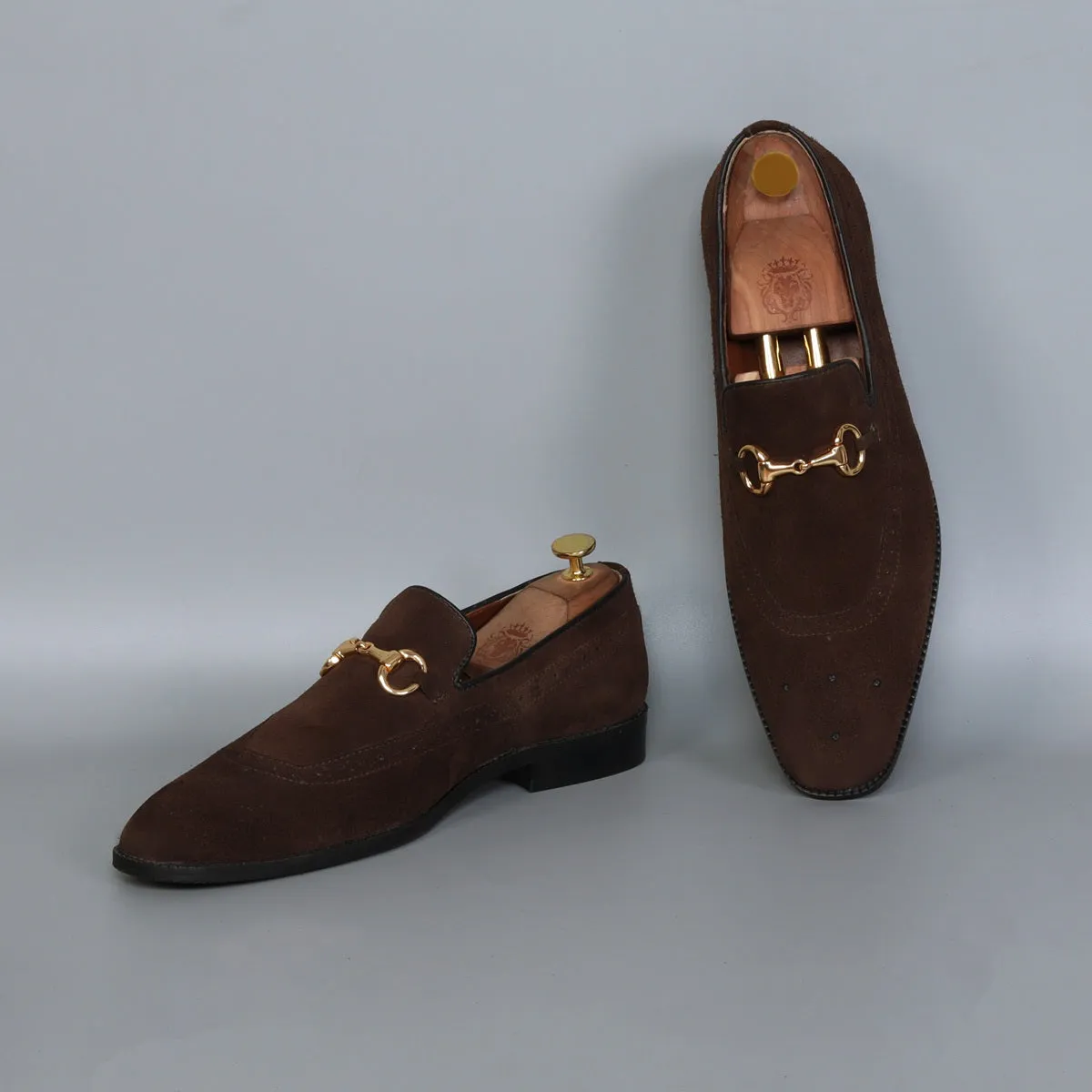 Brogue Detailing Men's Loafers in dark Brown Suede Leather with Golden Horse-Bit Buckle