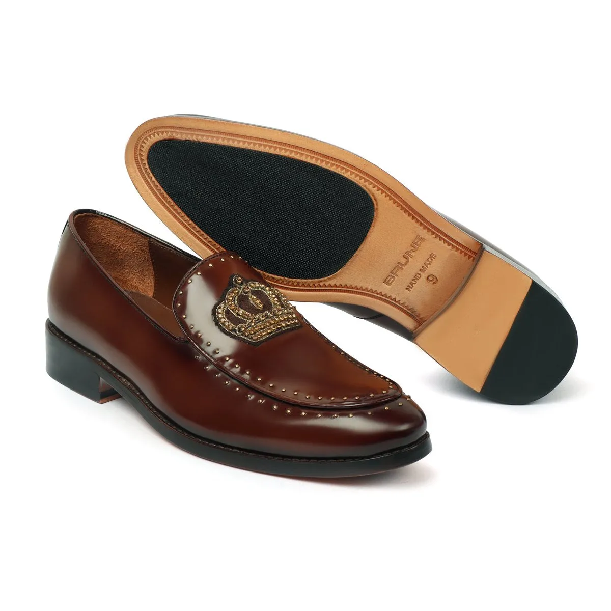 Brown Patent Leather Loafers with Studded Crown Zardosi