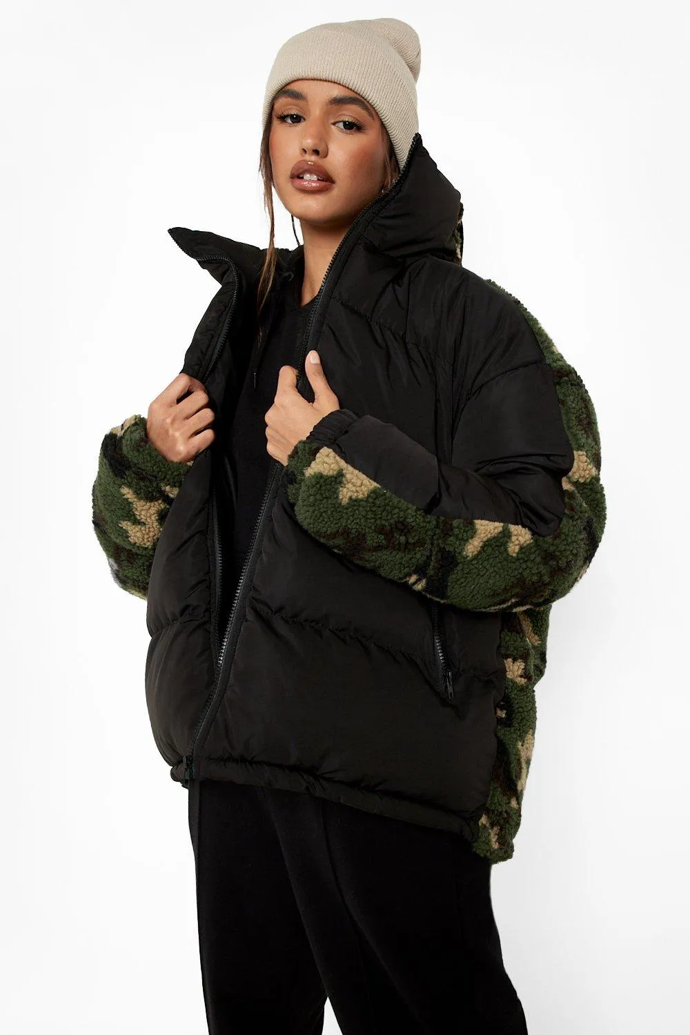 Camo Teddy Paneled Puffer Jacket