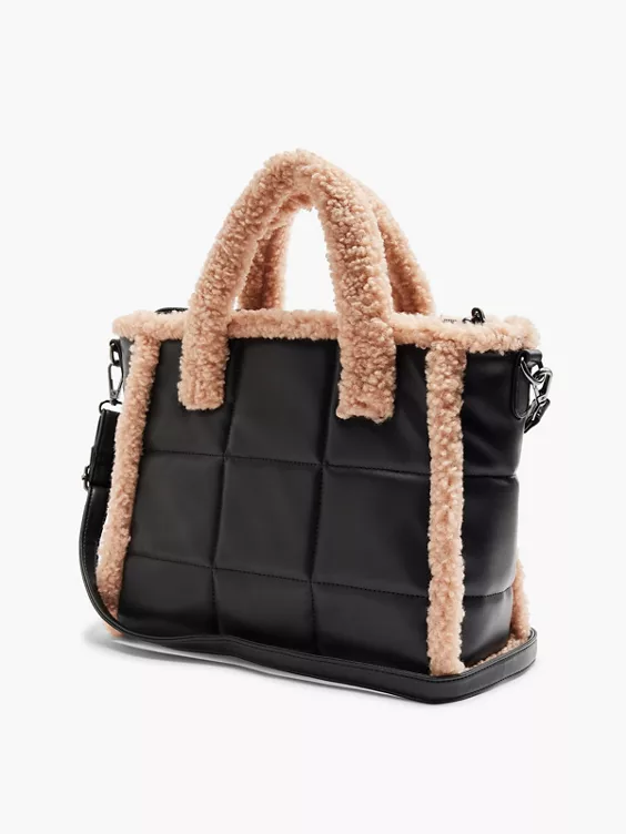 Catwalk  Black Quilted Tote Bag With Contrasting Borg Trim