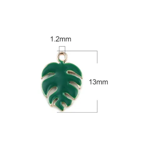 Charms, Monstera Leaf, Green, Enameled, Brass, 13mm