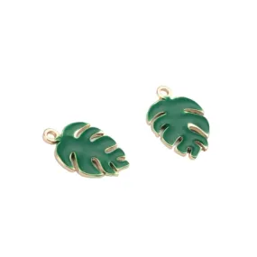 Charms, Monstera Leaf, Green, Enameled, Brass, 13mm