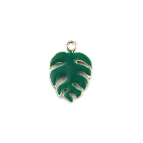 Charms, Monstera Leaf, Green, Enameled, Brass, 13mm