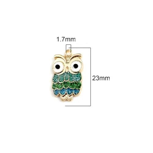 Charms, Owl, Single-Sided, Green, Enameled, Glitter, Light Gold Alloy, 23mm