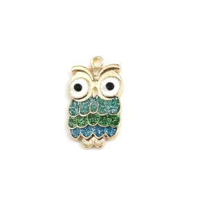 Charms, Owl, Single-Sided, Green, Enameled, Glitter, Light Gold Alloy, 23mm