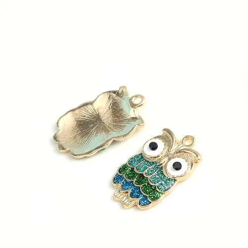 Charms, Owl, Single-Sided, Green, Enameled, Glitter, Light Gold Alloy, 23mm