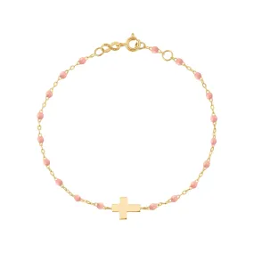 Child Cross Charm Classic Gigi Baby Pink bracelet, Yellow Gold, 5.9