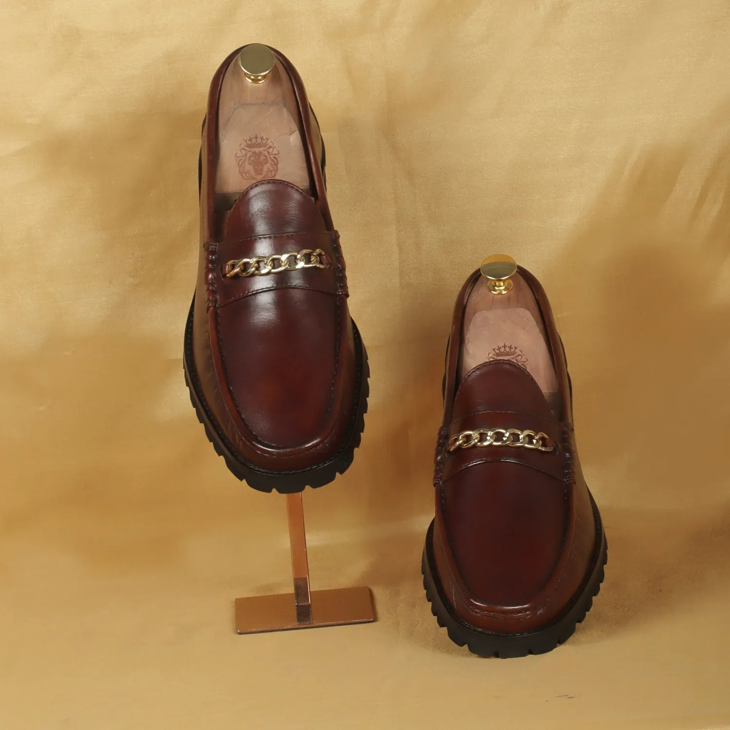 Chunky Sole Leather Loafers in Dark Brown color with Golden Chain Embellishment