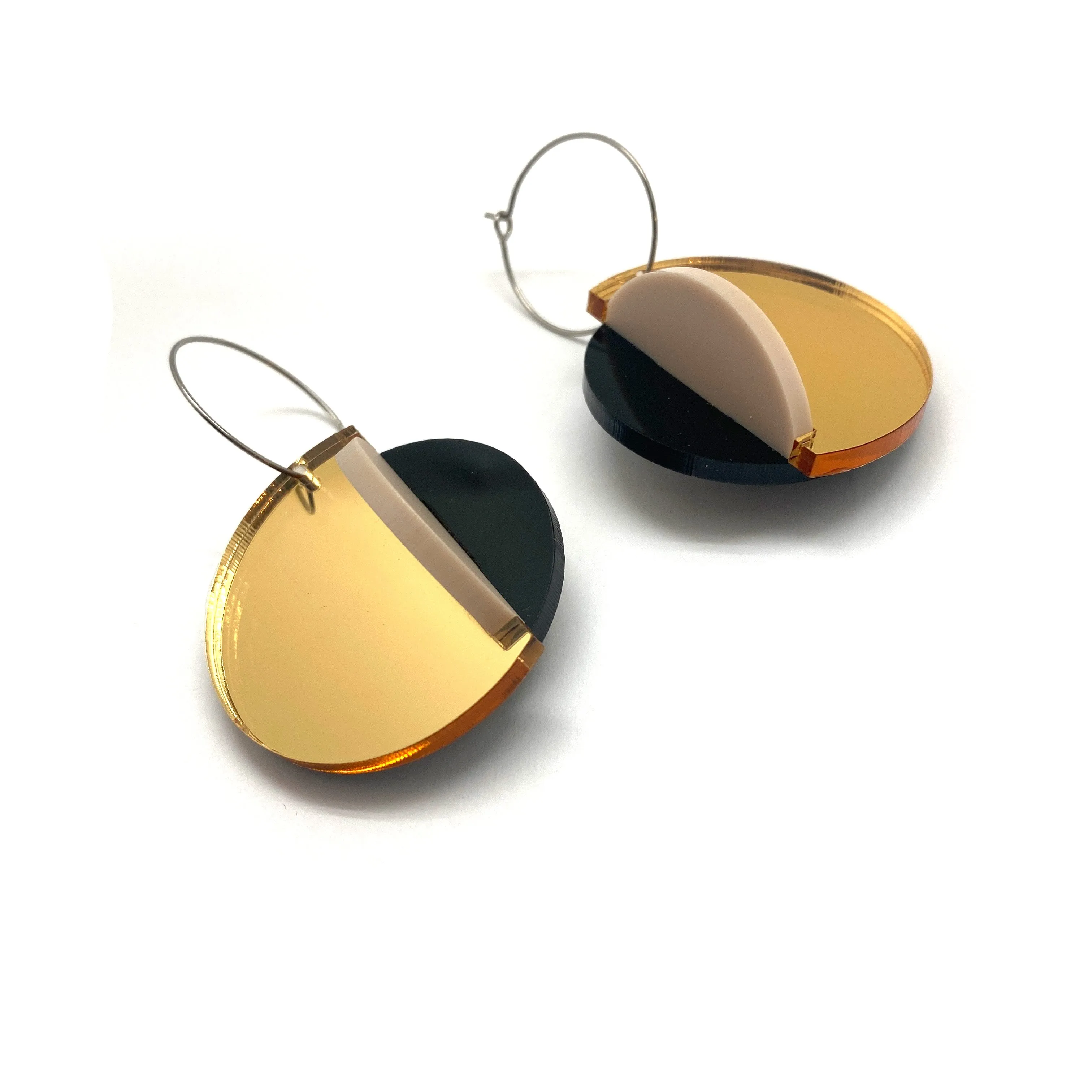 Circular Gold & Black Mirror Earrings - Large