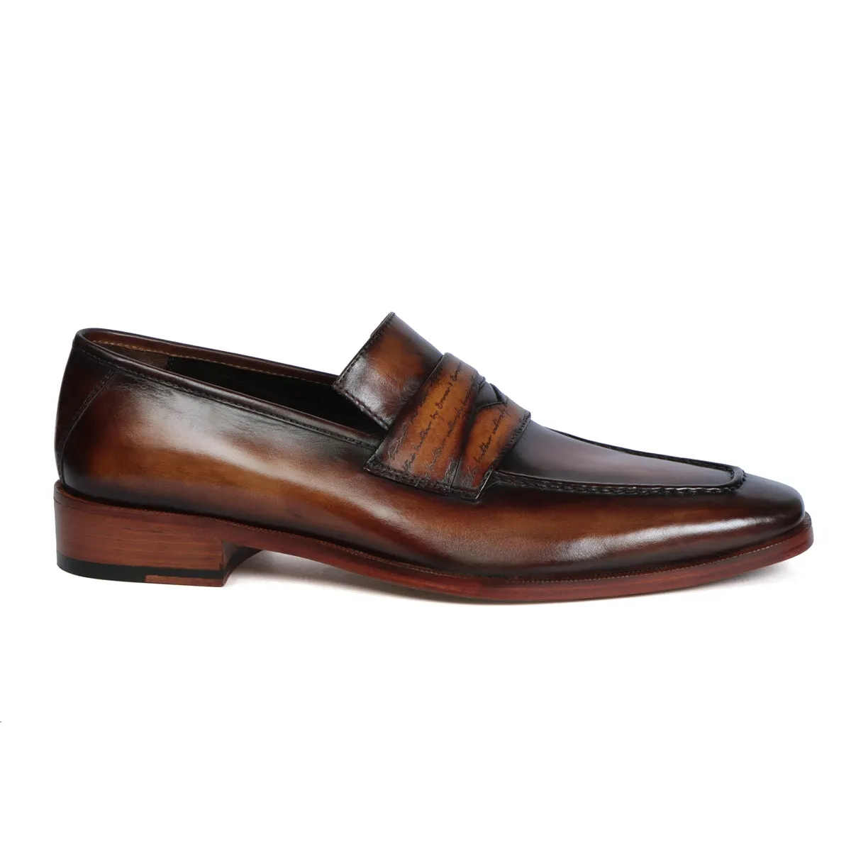 Cognac Sleek Toe Leather Loafers with Contrasting Darker Laser Engraved Strap