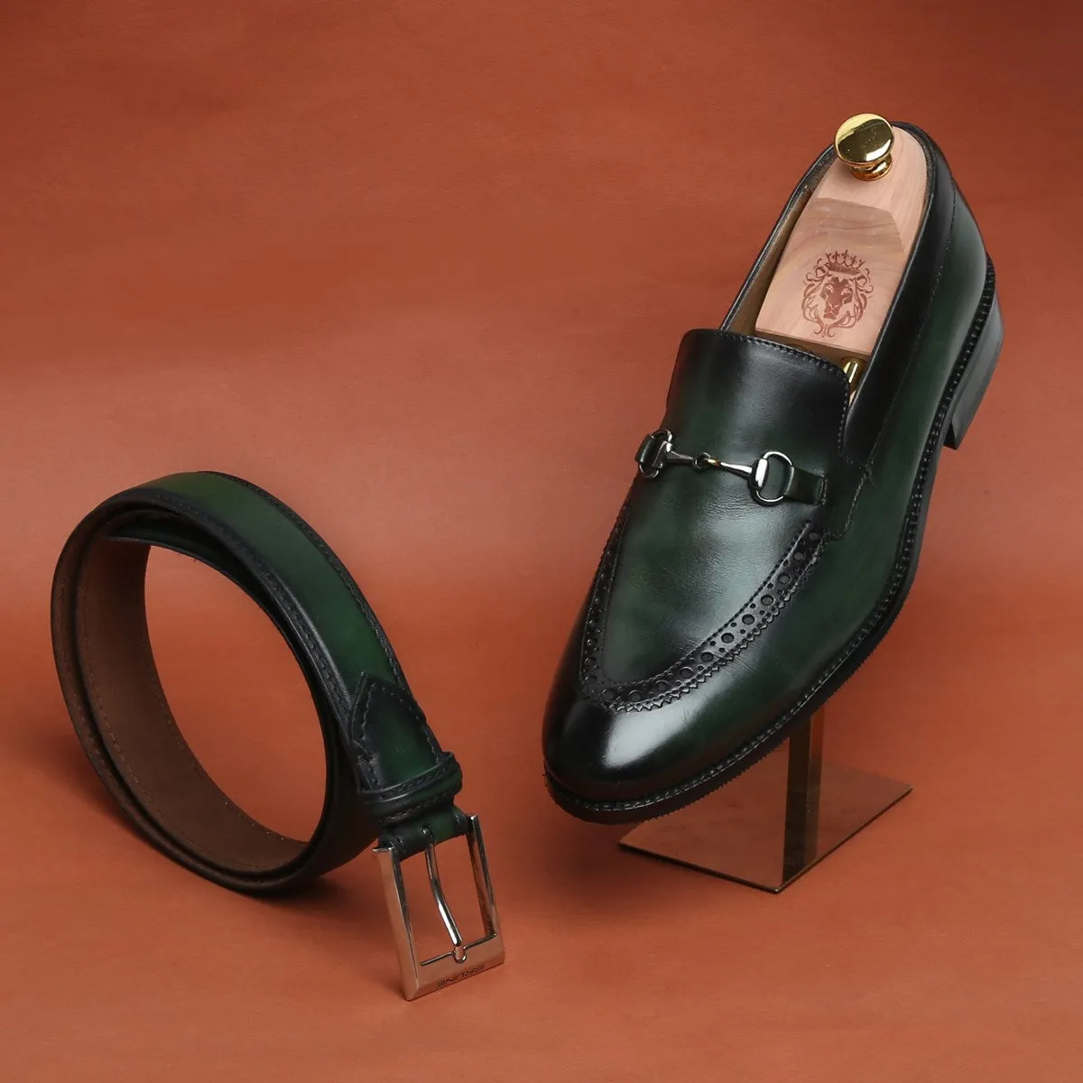 Combo of Green Brogue Design Horsebit Leather Loafers by Brune and matching Belt