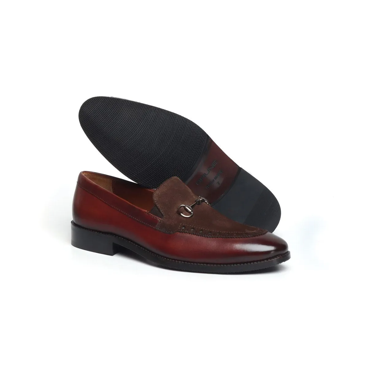 Contrasting Suede Leather Loafers with Brown Brogue Design & Horse-bit Buckle