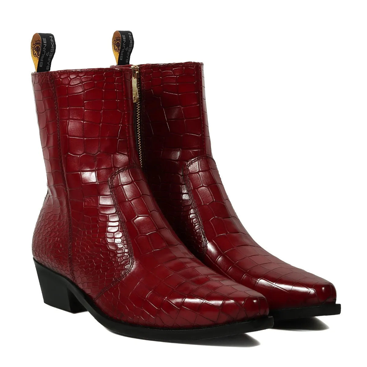 Cowboy Deep Cut Croco Wine Leather Cuban Heel Boots By Brune & Bareskin