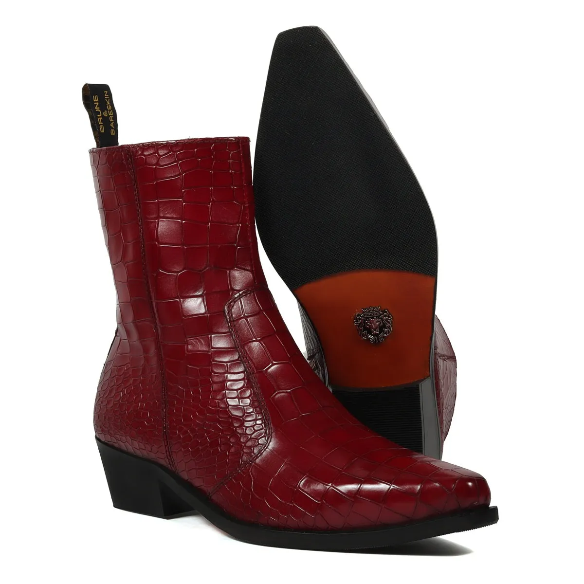 Cowboy Deep Cut Croco Wine Leather Cuban Heel Boots By Brune & Bareskin