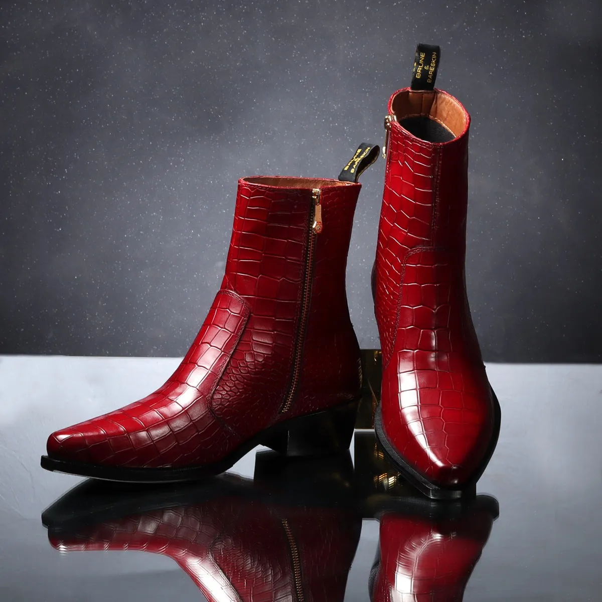 Cowboy Deep Cut Croco Wine Leather Cuban Heel Boots By Brune & Bareskin