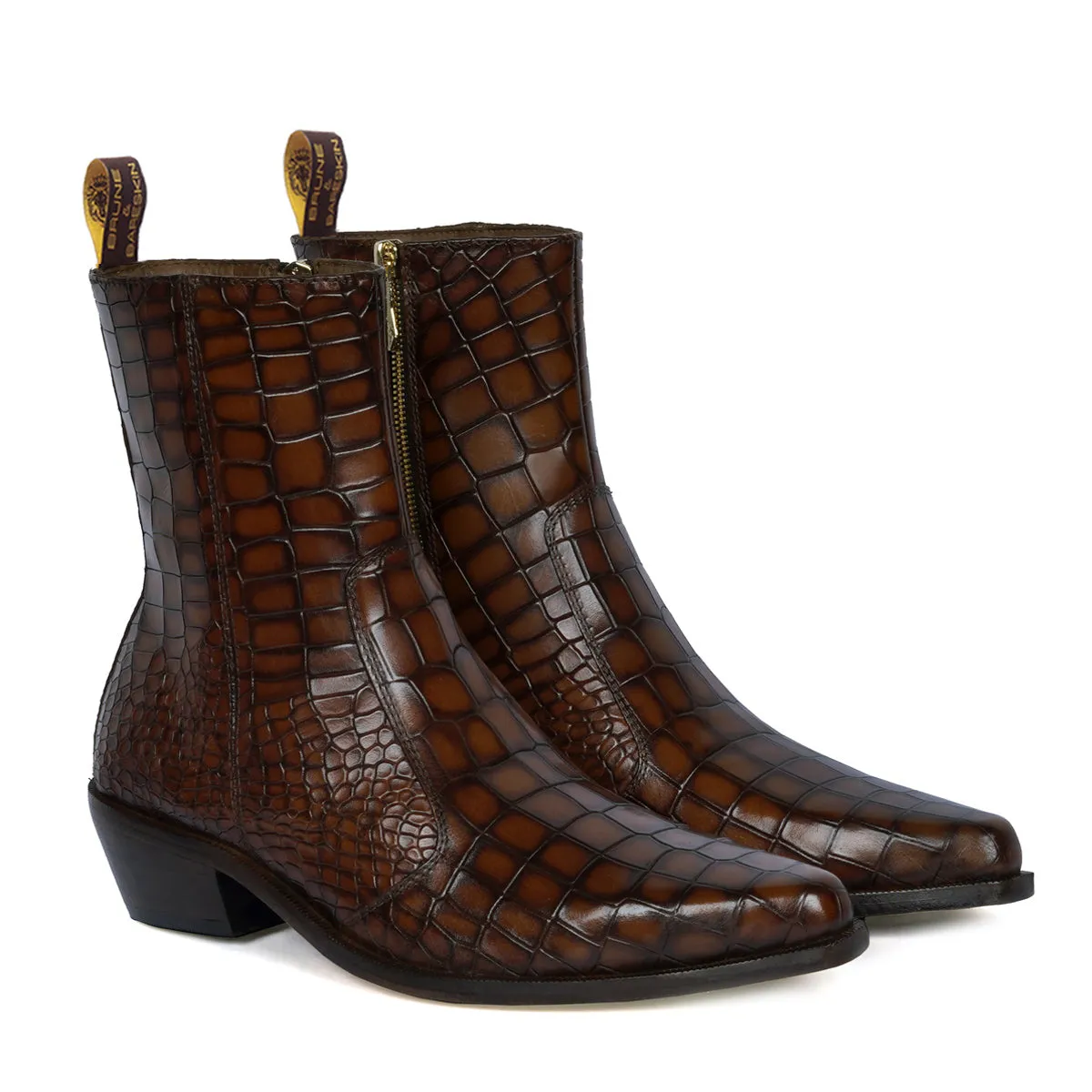 Cowboy Style Deep Cut Croco Tan Smokey Finish Cuban Heel Leather Chelsea Boots By Brune & Bareskin