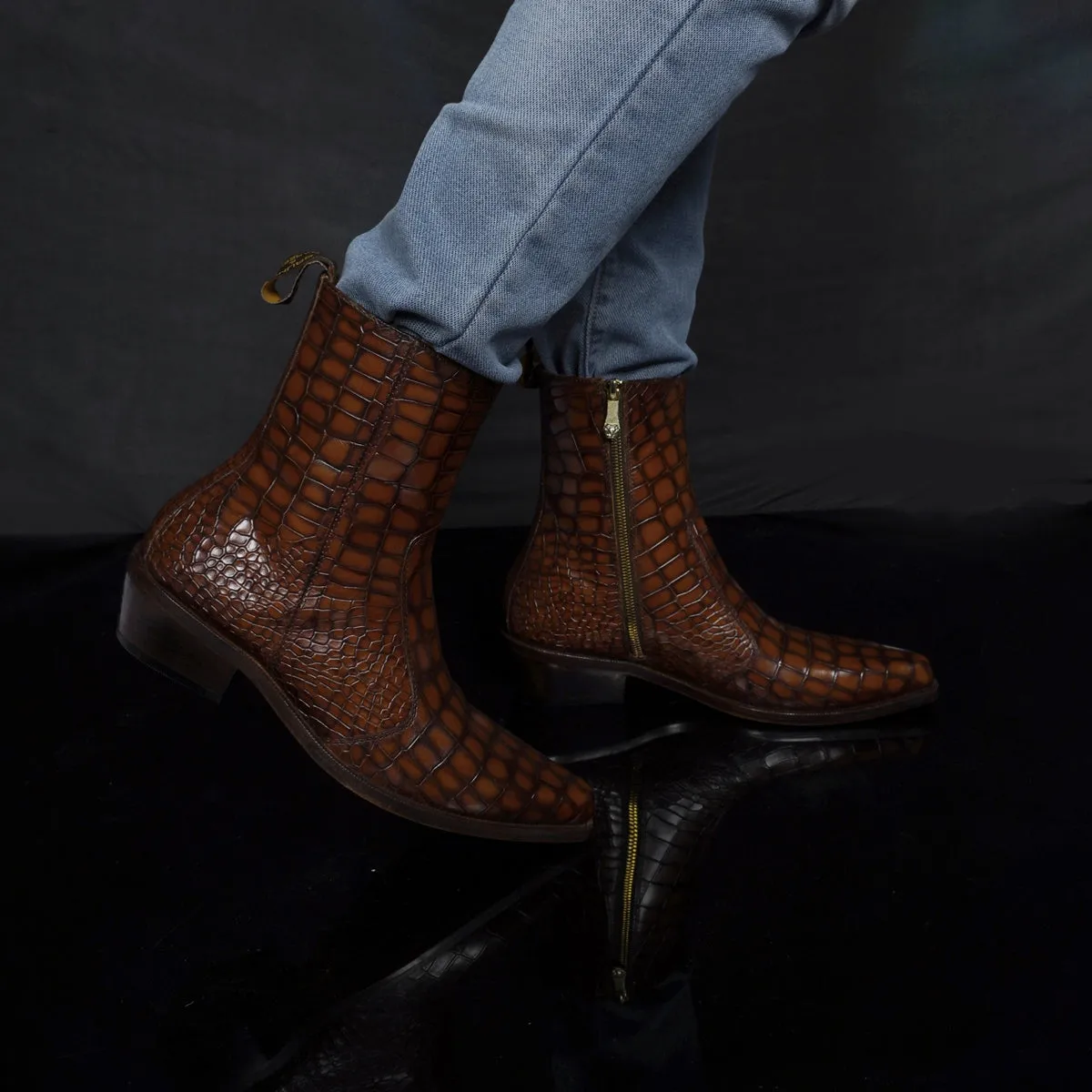 Cowboy Style Deep Cut Croco Tan Smokey Finish Cuban Heel Leather Chelsea Boots By Brune & Bareskin