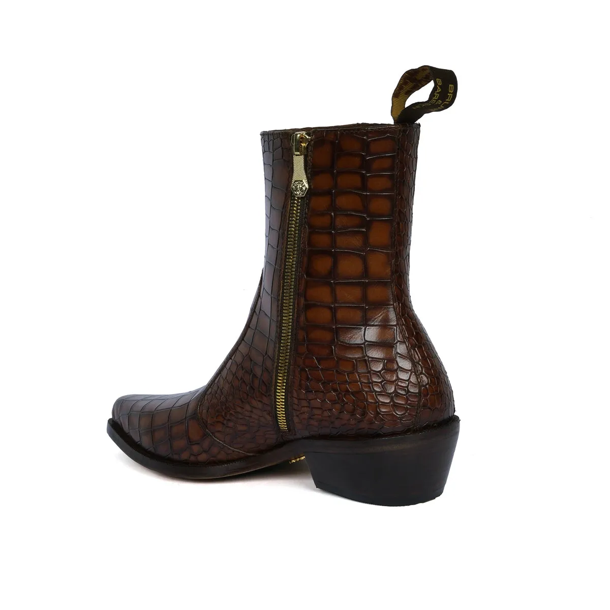 Cowboy Style Deep Cut Croco Tan Smokey Finish Cuban Heel Leather Chelsea Boots By Brune & Bareskin