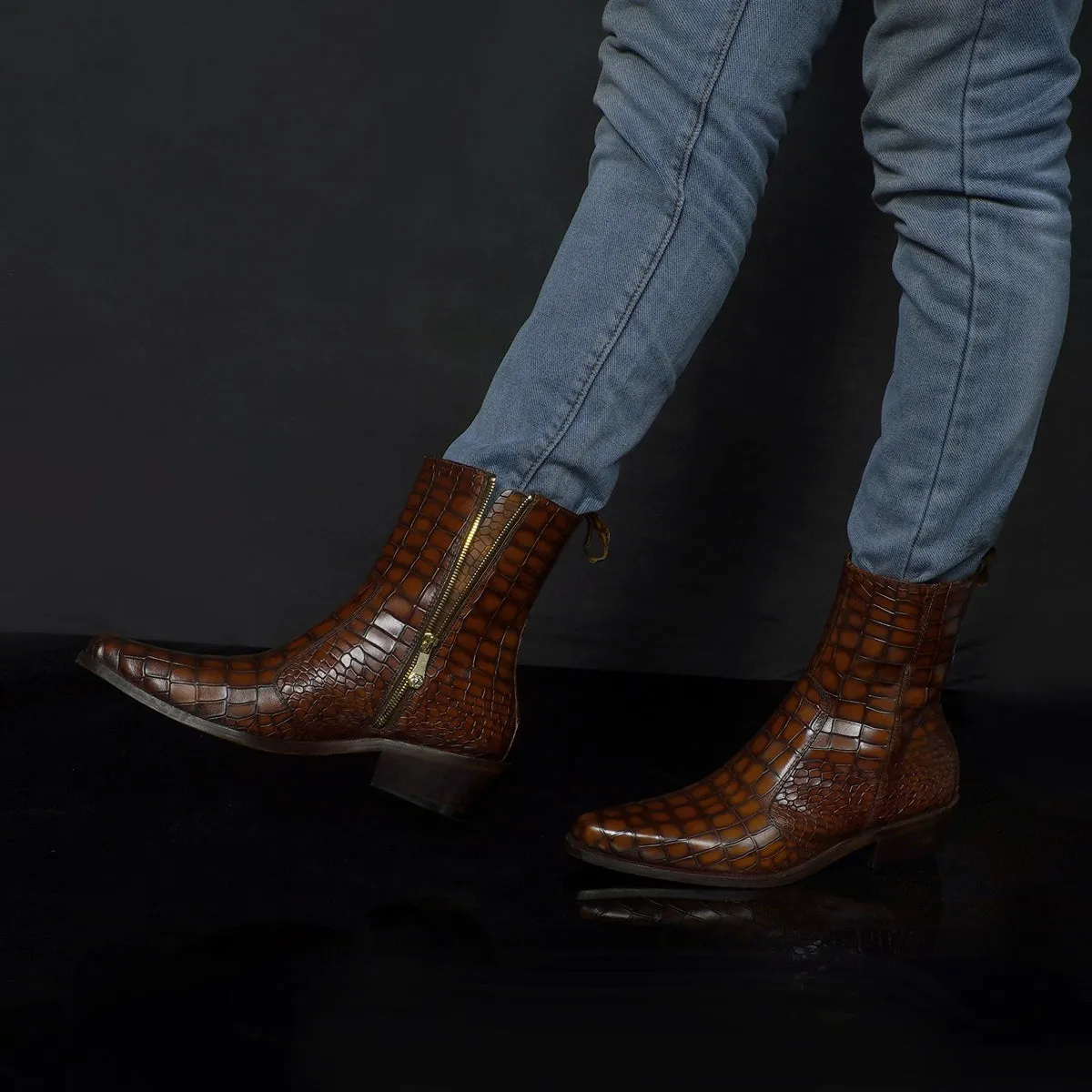 Cowboy Style Deep Cut Croco Tan Smokey Finish Cuban Heel Leather Chelsea Boots By Brune & Bareskin