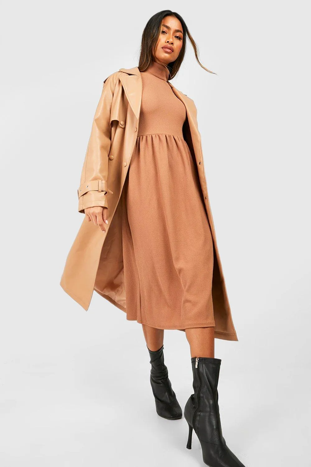 Crinkle Rib Turtleneck Midi Dress