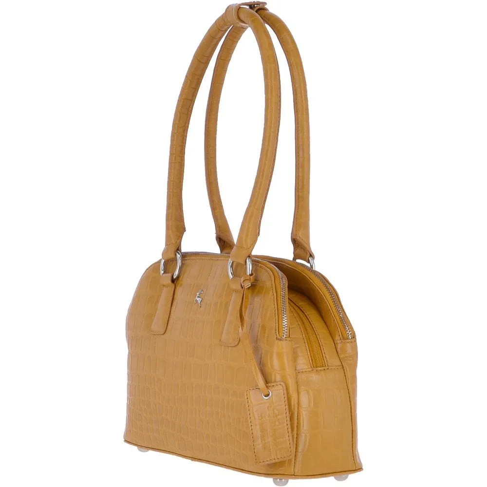 Crocodile Print Long Handled Three Section Tote Bag  Mustard Croc – 62730