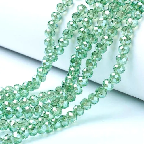 Crystal Glass Beads, Electroplated, Rondelle, Faceted, Pearl Luster, Light Green, 4mm