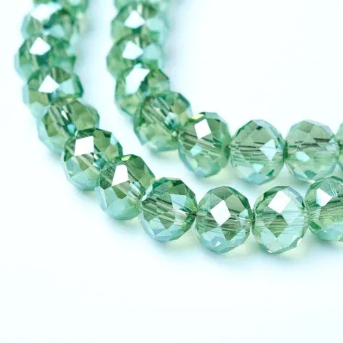 Crystal Glass Beads, Electroplated, Rondelle, Faceted, Pearl Luster, Light Green, 4mm