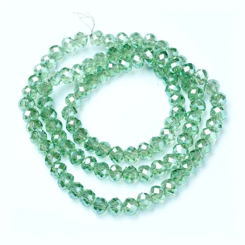 Crystal Glass Beads, Electroplated, Rondelle, Faceted, Pearl Luster, Light Green, 4mm