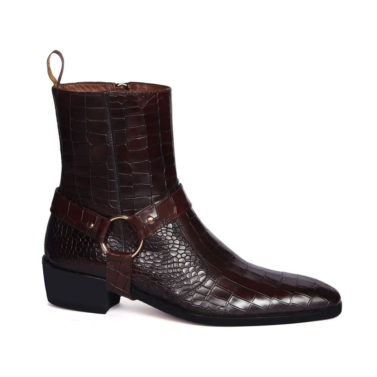 Cuban Heel Dark Brown Boots with Removable Buckle Strap Deep Cut Croco Textured Leather