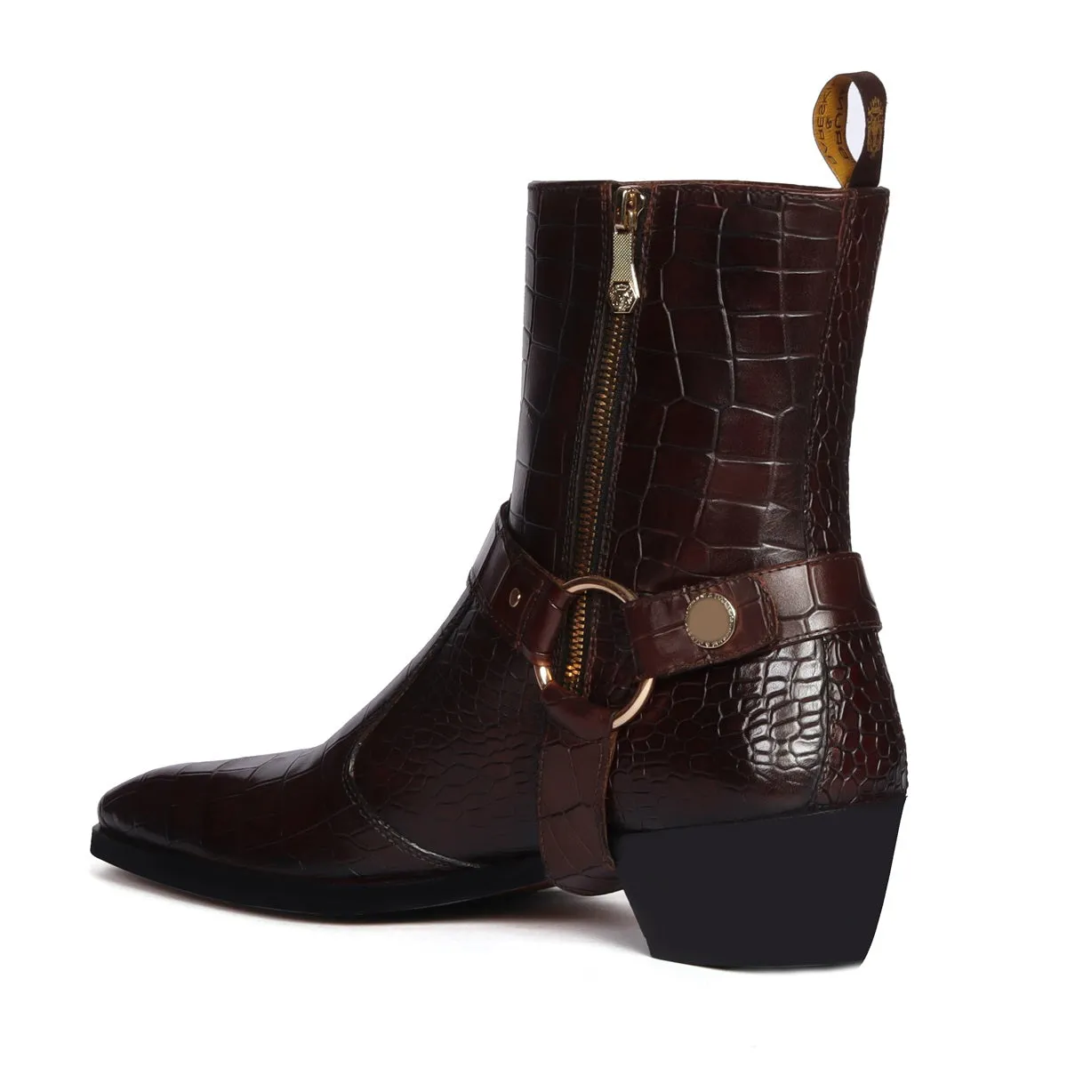 Cuban Heel Dark Brown Boots with Removable Buckle Strap Deep Cut Croco Textured Leather