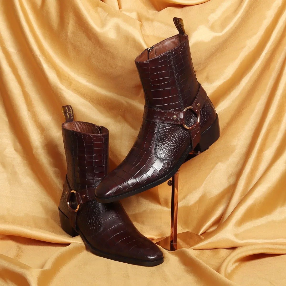 Cuban Heel Dark Brown Boots with Removable Buckle Strap Deep Cut Croco Textured Leather