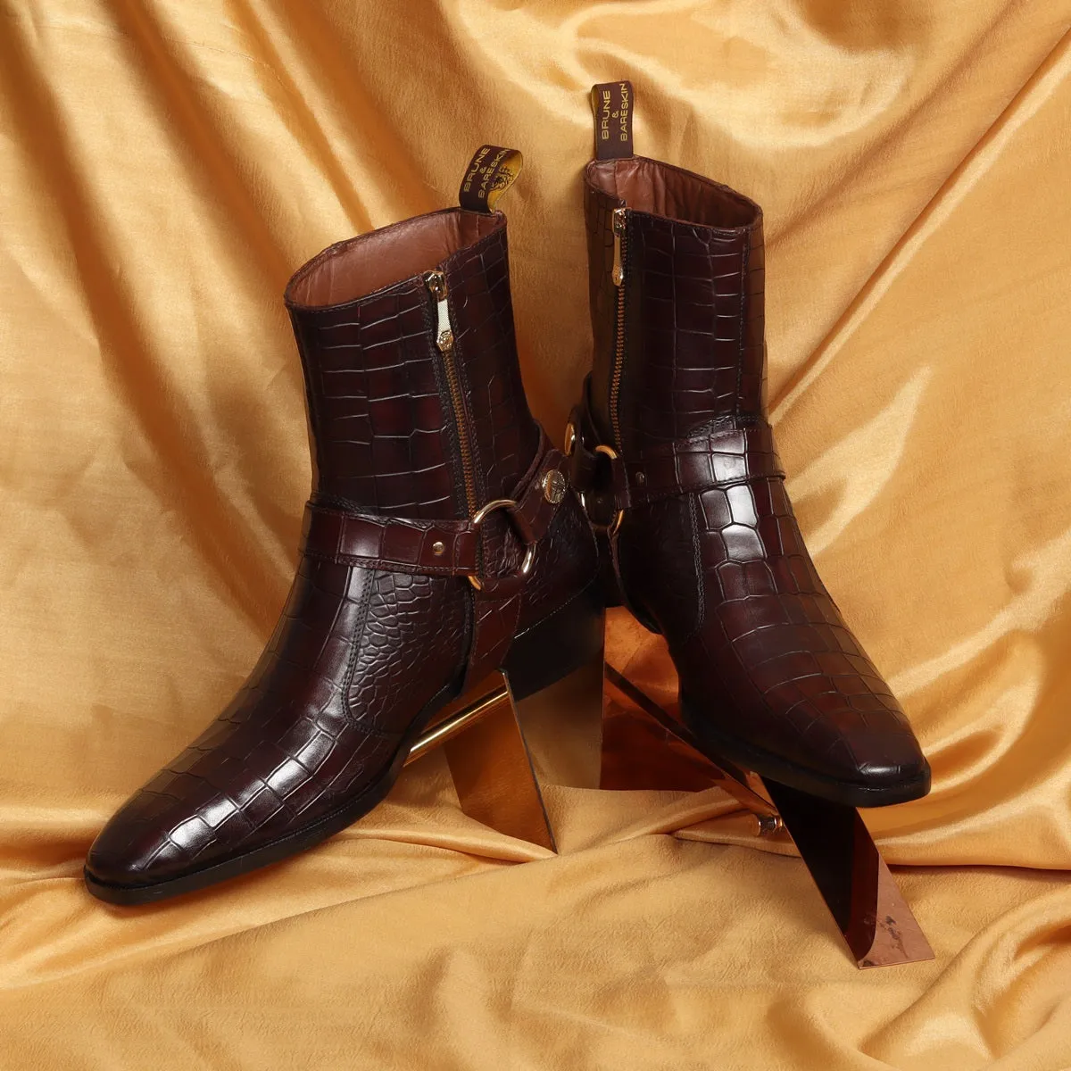 Cuban Heel Dark Brown Boots with Removable Buckle Strap Deep Cut Croco Textured Leather