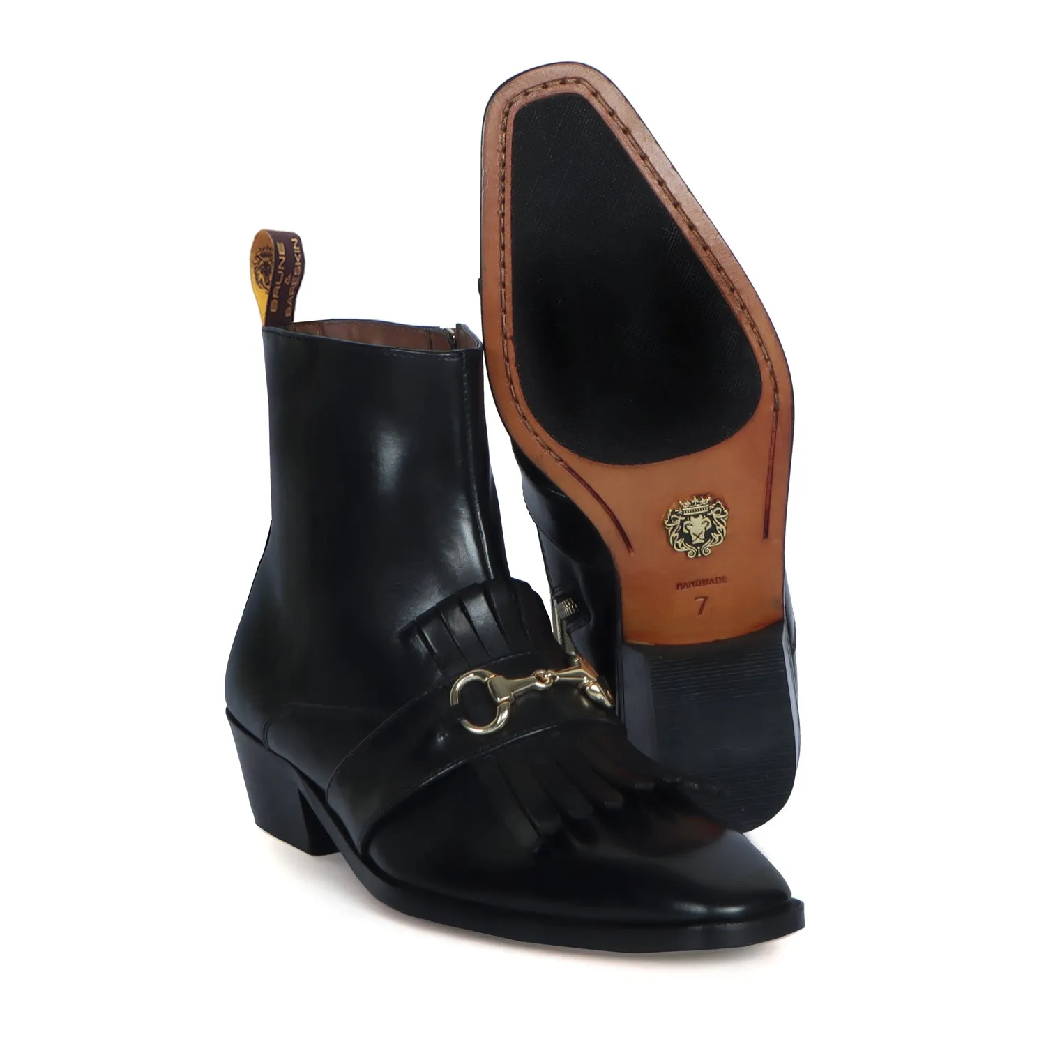 Cuban Heel Men Boots with Black Sleek Toe Fringes Horse-bit Buckle by Brune & Bareskin