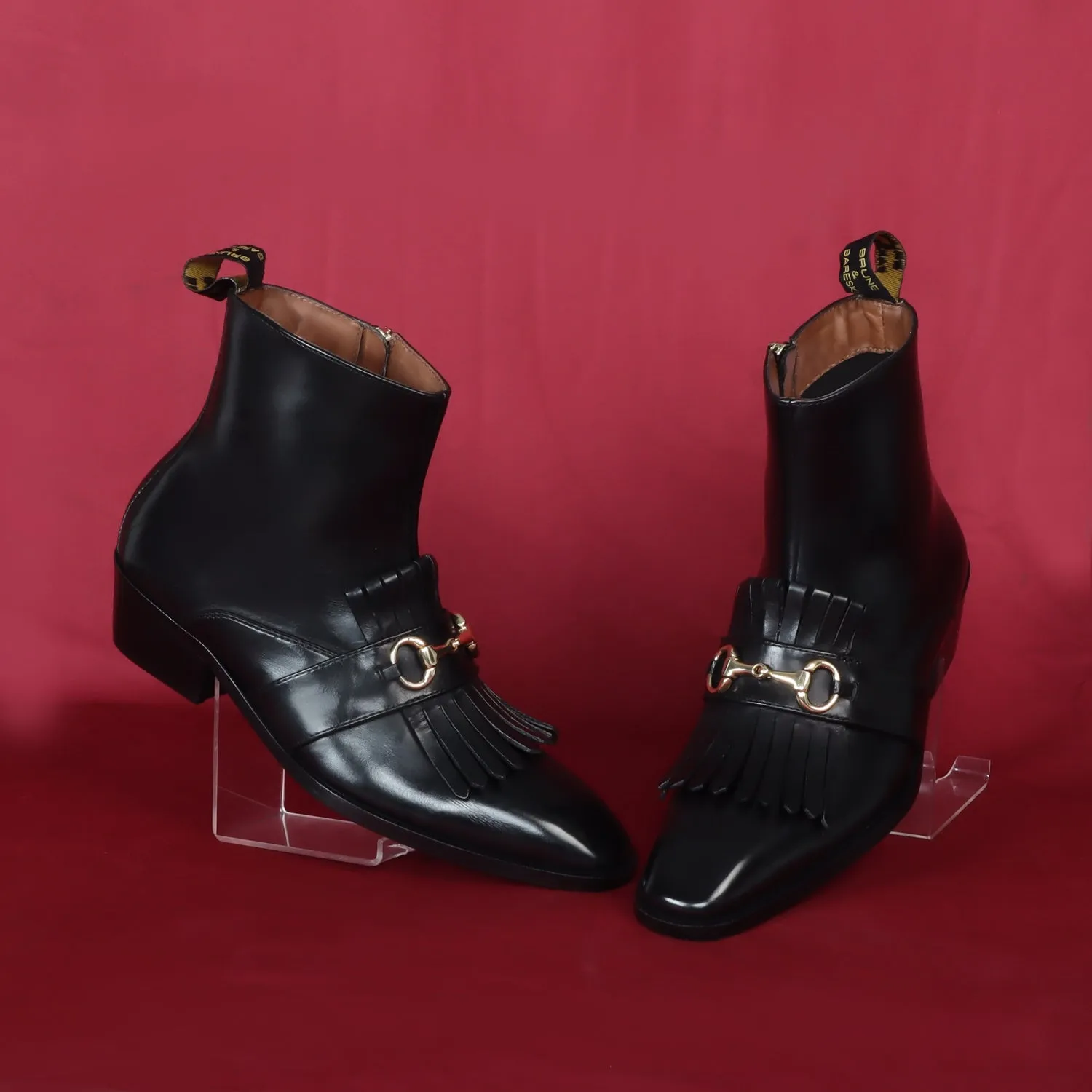 Cuban Heel Men Boots with Black Sleek Toe Fringes Horse-bit Buckle by Brune & Bareskin