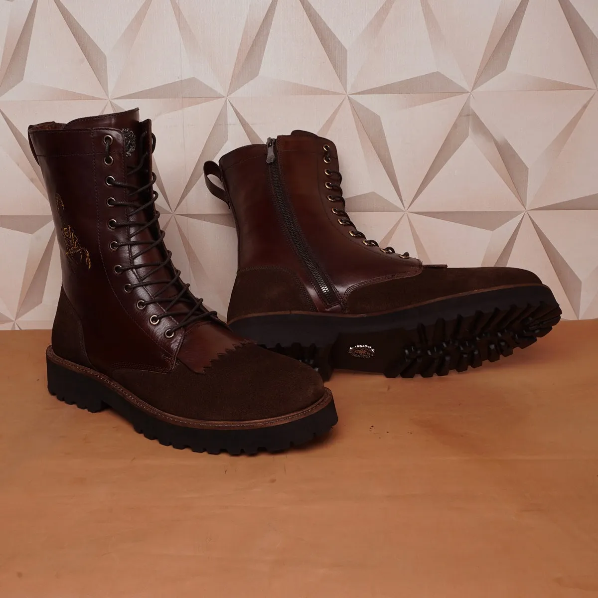 Customized Embroidered Scorpion Dark brown Leather and Suede Mens Long Boots By Brune & Bareskin