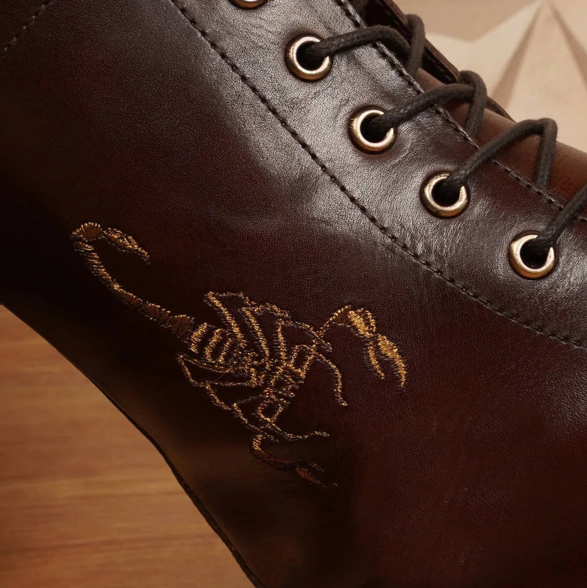 Customized Embroidered Scorpion Dark brown Leather and Suede Mens Long Boots By Brune & Bareskin