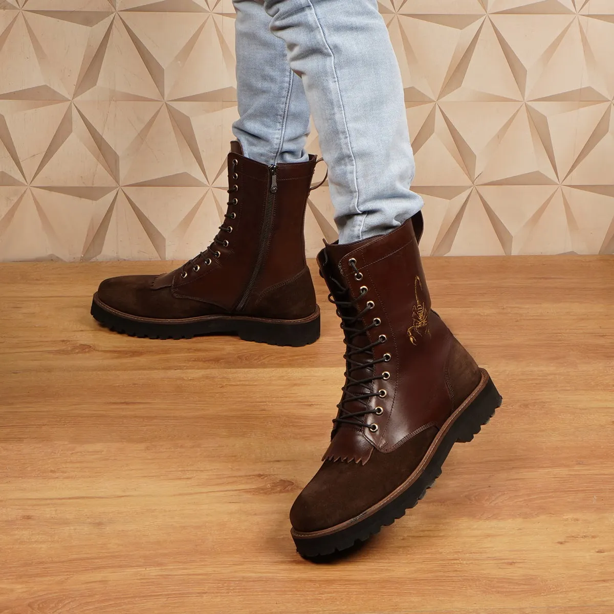 Customized Embroidered Scorpion Dark brown Leather and Suede Mens Long Boots By Brune & Bareskin