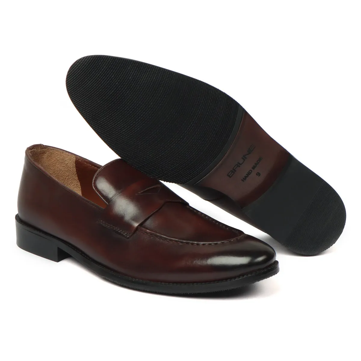 Dark Brown Burnished Leather Penny Loafers with Triangular Cut-Strap By Brune & Bareskin