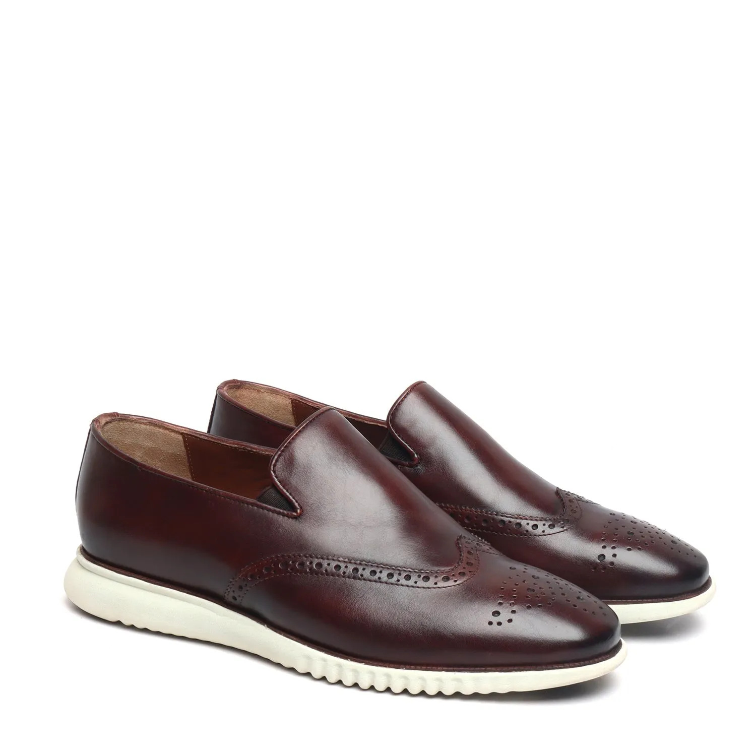 Dark Brown Burnished Leather Wingtip Light Weight Loafers By Brune & Bareskin