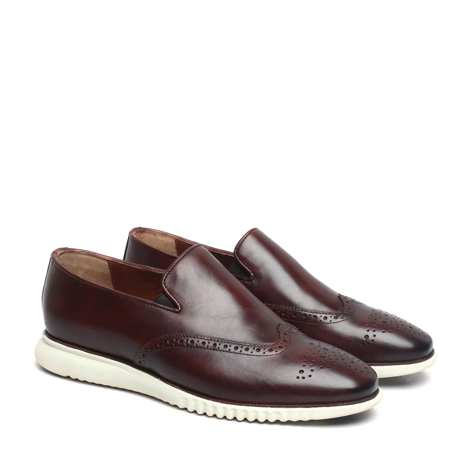 Dark Brown Burnished Leather Wingtip Light Weight Loafers By Brune & Bareskin