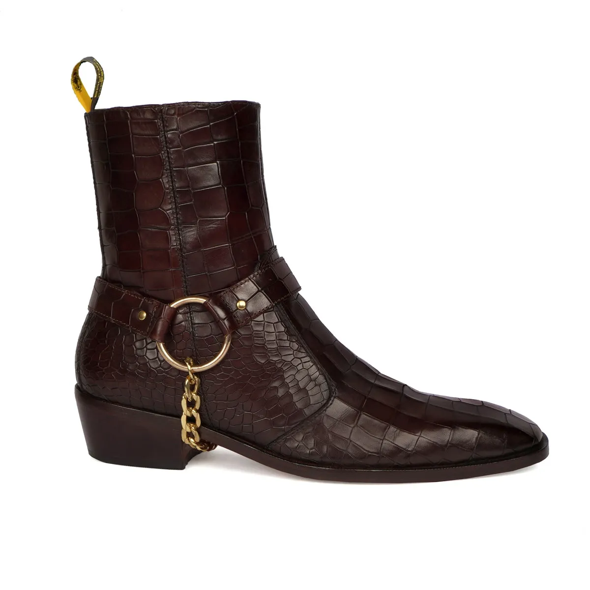 Dark Brown High Ankle Hand Made Side Zip Leather Boots With Stylish Golden Chain