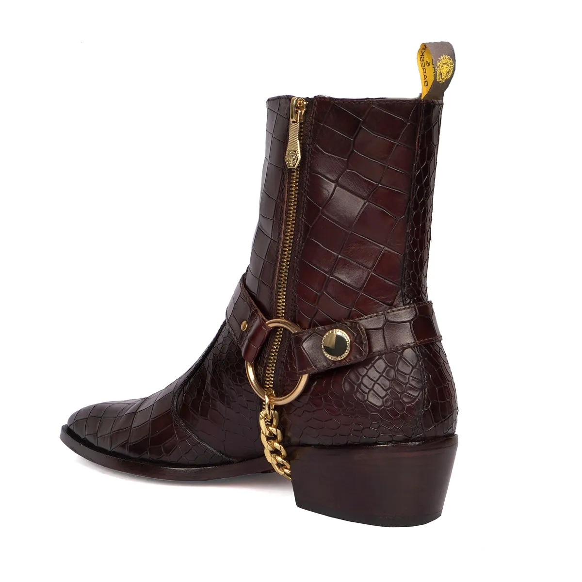 Dark Brown High Ankle Hand Made Side Zip Leather Boots With Stylish Golden Chain