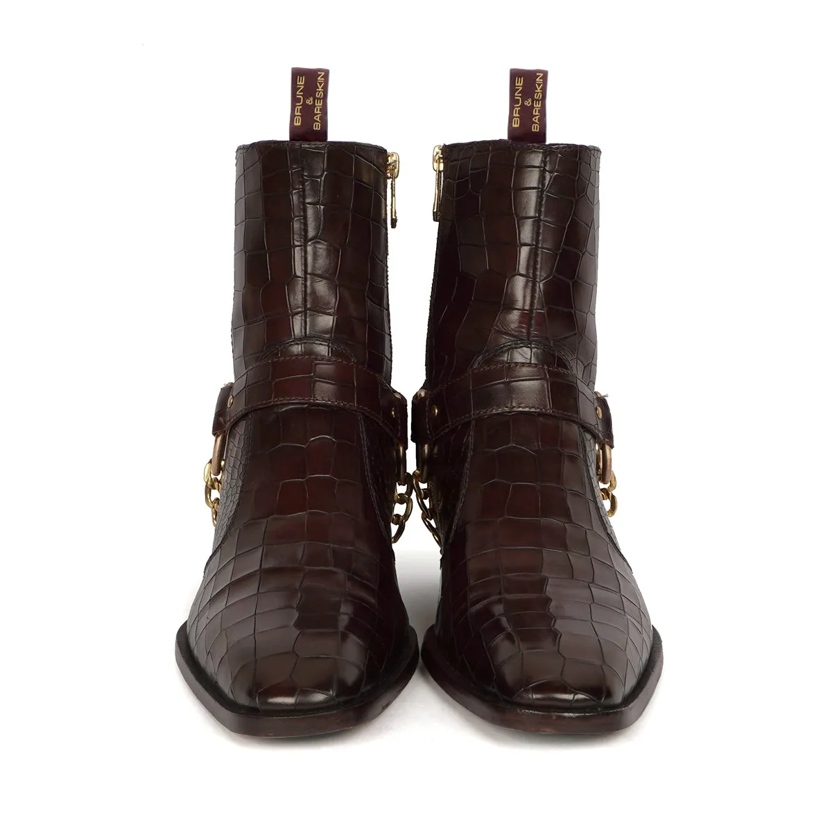 Dark Brown High Ankle Hand Made Side Zip Leather Boots With Stylish Golden Chain