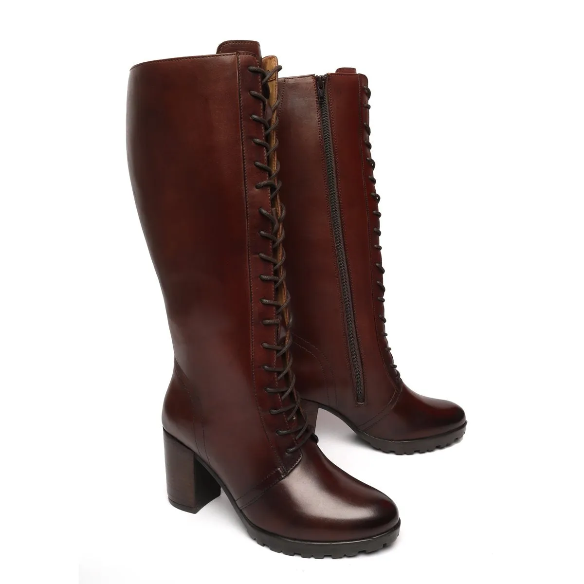 Dark Brown Leather Knee Height Full Lace Up Ladies Boots By Brune & Bareskin