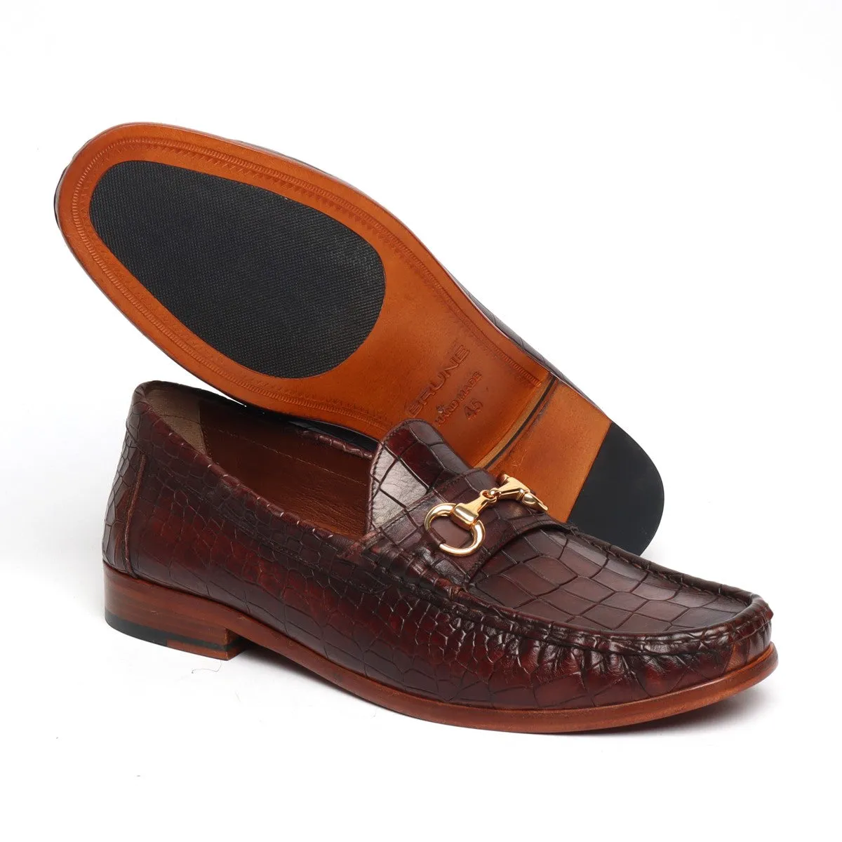 Dark Brown Leather Loafers in Croco Textured