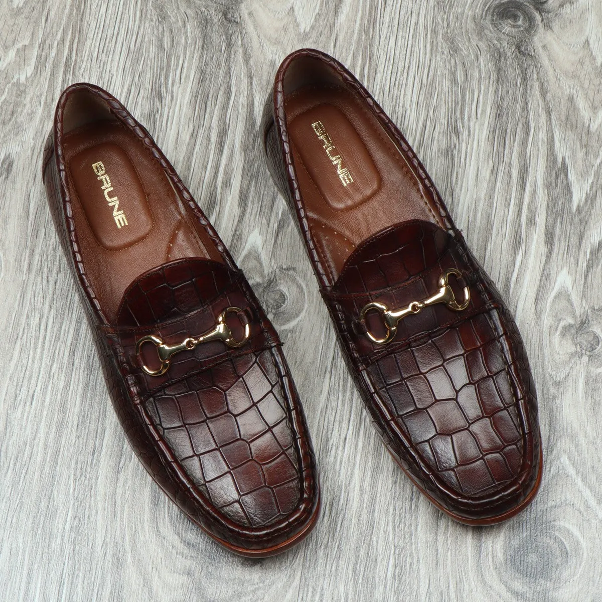 Dark Brown Leather Loafers in Croco Textured