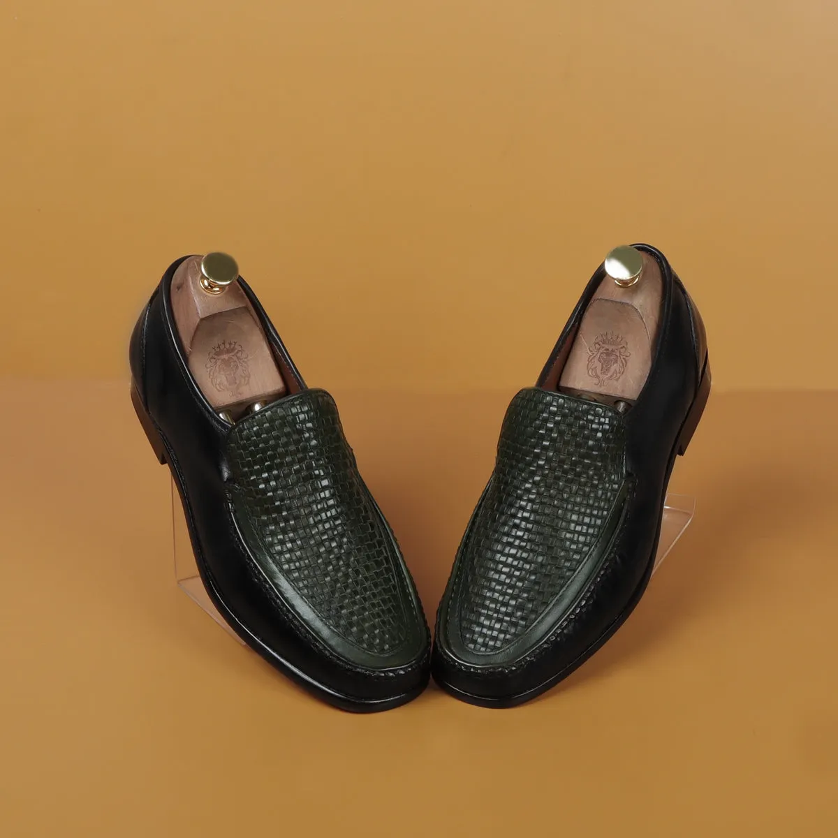 Dark Green Weaved Vamp Black Loafers in Genuine Leather with Leather Sole