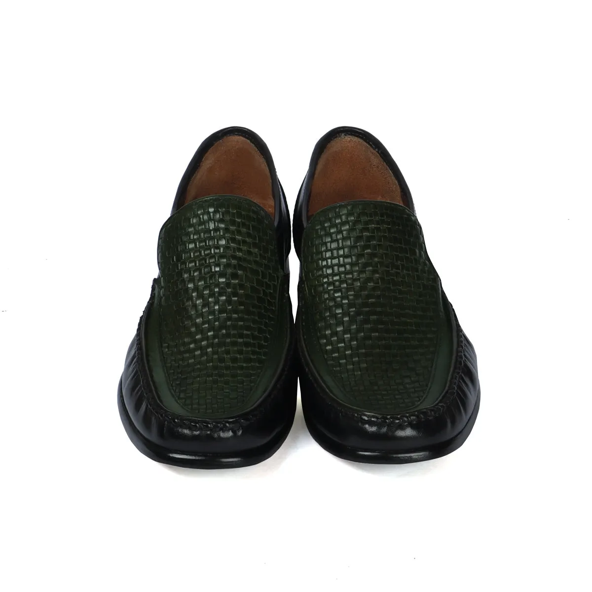 Dark Green Weaved Vamp Black Loafers in Genuine Leather with Leather Sole