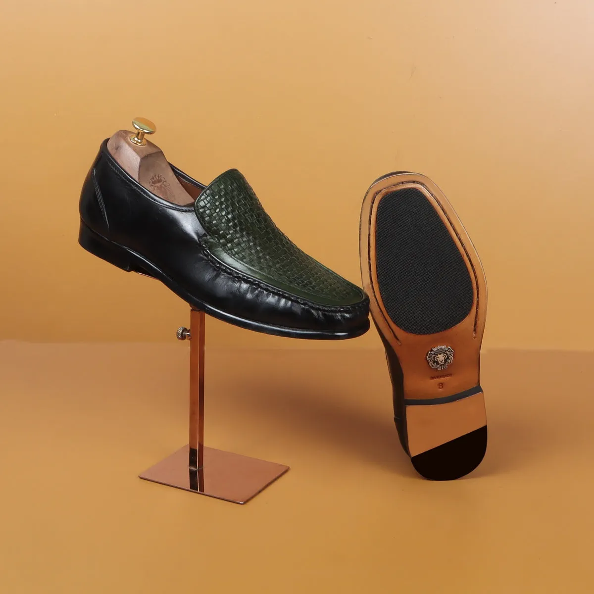 Dark Green Weaved Vamp Black Loafers in Genuine Leather with Leather Sole