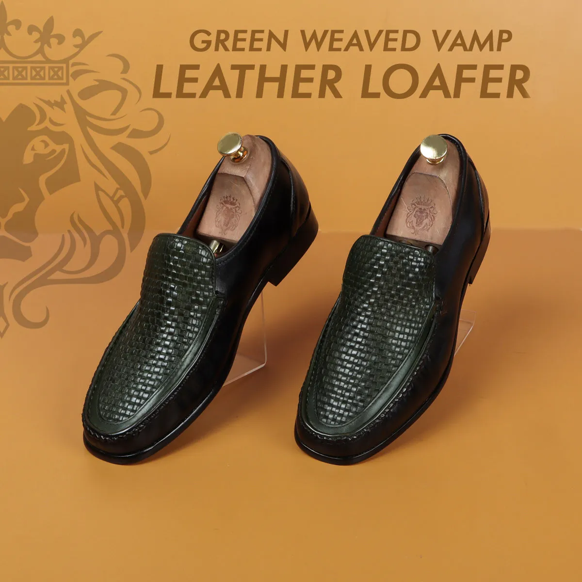 Dark Green Weaved Vamp Black Loafers in Genuine Leather with Leather Sole